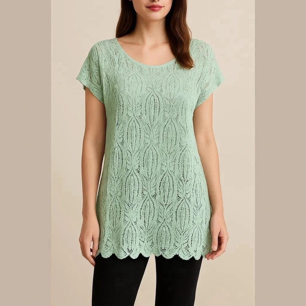 Paige Danielle Mint Green Crochet Lace Women’s Short Sleeve Top Sz XL Boho - Picture 1 of 9